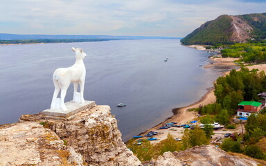 Monument to the Goat on the top of Mount Mogutova in Zhigulevsk. Zhiguli Mountains in the Samara Region