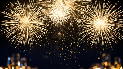 Golden fireworks exploding in the night sky creating celebratory atmosphere