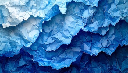 Fototapeta premium A close-up view presents an abstract composition crafted from crumpled, layered paper in shades of blue. It evokes waves