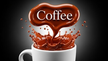 Rich brown coffee liquid splashing dramatically from a white mug with the word coffee stylized above in glossy chocolate