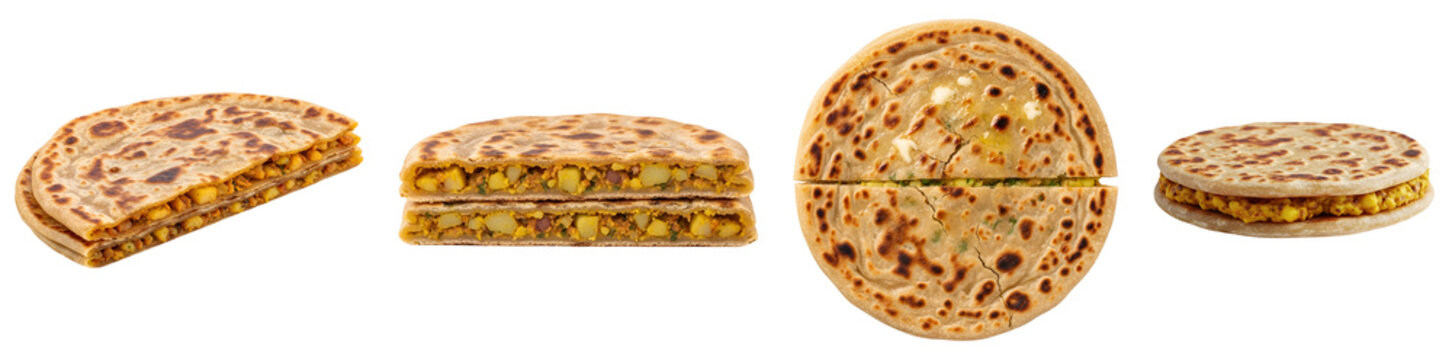 Four stuffed flatbreads with filling arranged on a plain surface in a studio setting display shot on transparent background