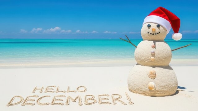 Sandman with santa hat on tropical beach saying hello december