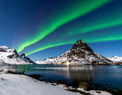 Spectacular green and blue aurora borealis over snowy mountains - Powered by Adobe
