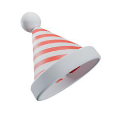 A 3D-rendered party hat, striped red and white, with a white pom-pom, floats against a white background, bathed in soft, diffused light.
