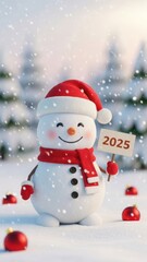 Obraz premium Cute snowman in winter landscape holding a 2025 sign