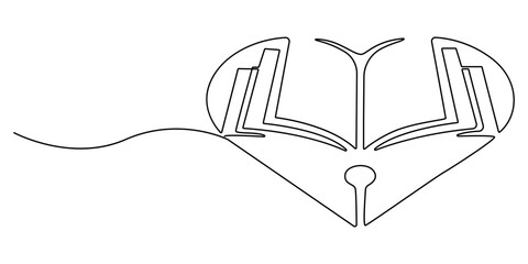 One line drawing of opened book and hand  isolated on white background, Continuous one line drawing of opened book. Book outline vector illustration. stroke,  Education, idea, school concept single.