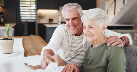 Senior, happy couple and documents with handshake for retirement annuity or advice in home....