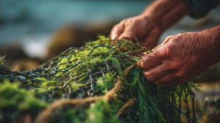 Close up of a fisherman’s hands lifting a seaweed covered net during seaweed farming, highlighting coastal livelihood, texture, and traditional marine industry work.