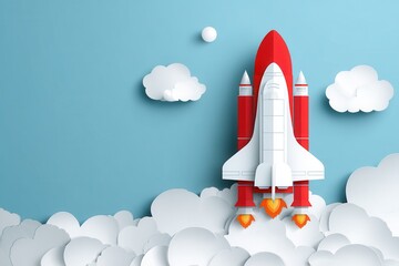 Fototapeta premium Rocket launches into sky with clouds and blue background showing movement and excitement in a creative design space