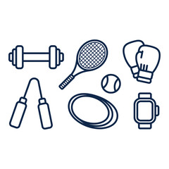 Various pieces of sports and fitness equipment depicted as outline icons on a white background illustration