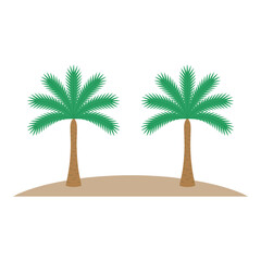 Two green palm trees with brown trunks standing on a small sandy island, illustrated on a white background, evoking a tropical scene.