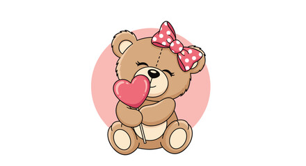 Obraz premium Lovely cartoon teddy bear girl with a pink polka-dot bow, smiling while holding a heart-shaped lollipop on a pink circle background.