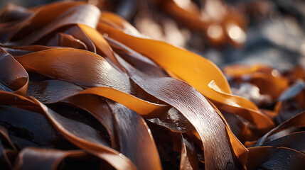 Close up of freshly harvested brown seaweed with rich texture and natural detail, highlighting organic marine life and coastal harvesting concept.