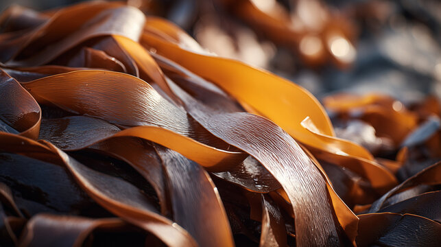Close up of freshly harvested brown seaweed with rich texture and natural detail, highlighting organic marine life and coastal harvesting concept.