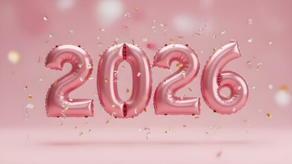 Pink 2026 balloons with festive confetti on a soft pastel background for new year greetings