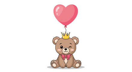 Fototapeta premium Adorable winking teddy bear prince wearing a crown and bow tie, sitting with a pink heart-shaped balloon on a white background.