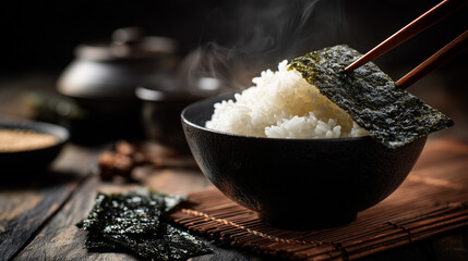 Close up of a bowl of steamed rice topped with dried nori seaweed, simple Asian cuisine concept with natural texture and minimal food presentation.