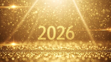 Happy new year 2026 shimmering gold background with bokeh lights and sparkling particles