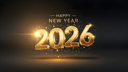 Happy new year 2026 3d golden numbers with confetti and light effects on a dark background