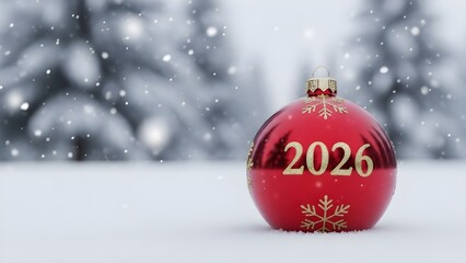 Red christmas ornament with golden 2026 text standing in snow against blurred snowy forest background with falling snowflakes