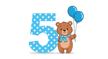 Fototapeta premium A cute cartoon teddy bear wearing a striped scarf and holding blue balloons next to a large, blue polka-dot number five.