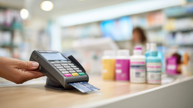 Close up of a customer inserting a credit card into payment terminal, capturing modern cashless transaction, retail checkout, and digital finance concept.