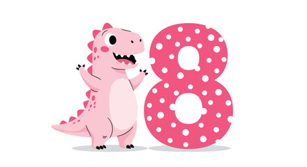 A cheerful pink dinosaur cartoon character smiling and waving next to a large, pink polka-dotted number eight for a birthday.