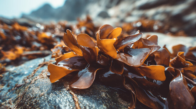 Close up view of glossy brown seaweed washed ashore on rocky beach, highlighting natural texture, marine detail, and coastal organic pattern.