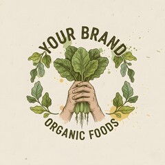 Emblem of Hands Holding Fresh Organic Greens for Healthy Food Brand