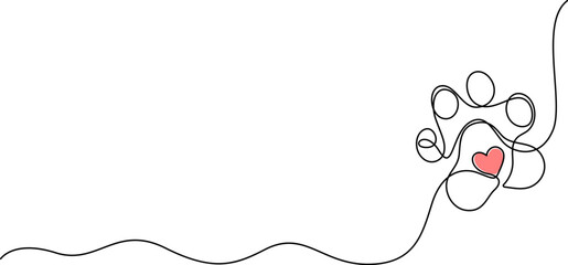 Cute dog paw continuous one line drawing minimal pet outline vector illustration on white background, Drawing of an animal paw print inside a heart outline in one line art style. Illustratio © Line emotion