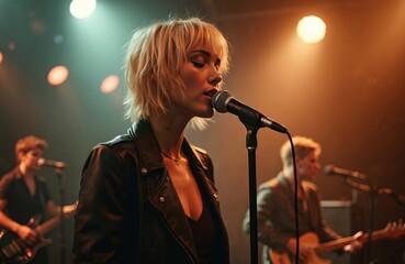 Woman sings into microphone on stage with bandmates playing guitars. Energetic live music performance with stage lights, dark atmosphere, spotlight on vocalist. Rock band plays at concert venue,