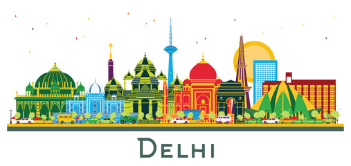 Delhi India City Skyline with Color Buildings isolated on white. Illustration. Business Travel and Tourism Concept with Historic Architecture. Delhi Cityscape with Landmarks.