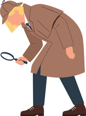 Flat Style Detective Searching Clues with Magnifying Glass Isolated on Transparent Background Illustration