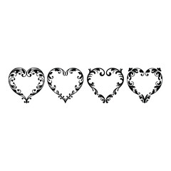 Four elegant black and white heart-shaped frames with intricate scrollwork, ideal for vintage design projects.