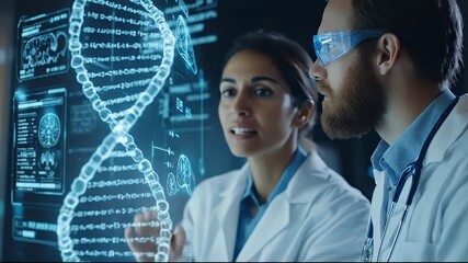 Two Scientists in Lab Coats Analyze a Futuristic Holographic DNA Strand and Medical Data on a Large Screen in a Dark Laboratory Setting with Blue Light Illumination - Powered by Adobe