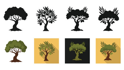 Various silhouettes and colored illustrations of olive trees on a white background