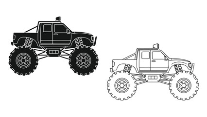 Two monster truck outlines one solid black one white with detailed treads © Tm Studio