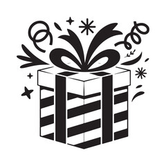 A stylized black and white illustration of a festive gift box with confetti and a bow