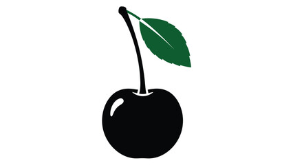A simple illustration of a dark cherry with a vibrant green leaf