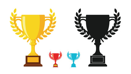 A collection of trophies in gold black red and blue with laurel wreaths