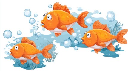 Fototapeta premium Three cheerful goldfish swim together through a lively underwater environment, surrounded by bubbles and colorful coral. Their playful interaction adds joy to the aquatic setting.