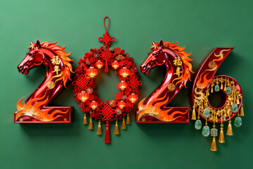 Energetic 2026 visual blending fire horse symbolism and festive elements