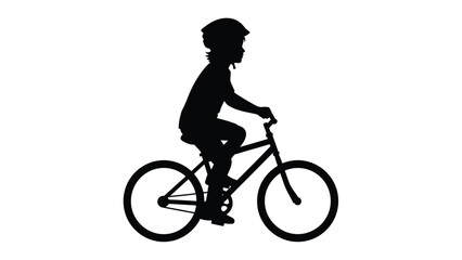 A silhouette of a child riding a bicycle against a white background