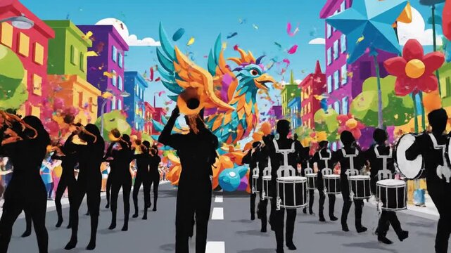 A parade features silhouetted figures and a vibrant, fantastical bird with multicolored buildings and confetti