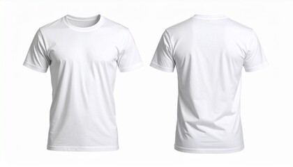 Naklejka premium Front and back view of a plain white t-shirt isolated on a white background, showcasing its simple design and versatility for custom printing