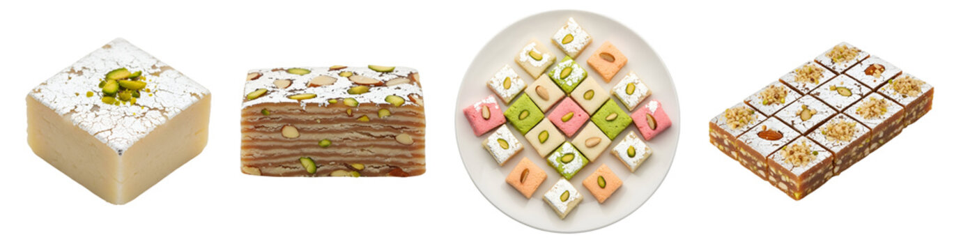 Assortment of indian sweets including barfi and soan papdi displayed in a studio setting for presentation on transparent background
