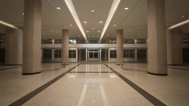 Modern Office Building Lobby with Marble Floors and Columns.