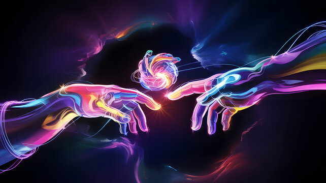 Abstract digital art depicting two glowing hands reaching towards a swirling colorful nebula in a dark cosmic background, symbolizing creation and connection