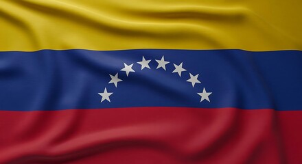 Close-up of the waving flag of Venezuela with its distinct horizontal stripes and stars Keywords: Venezuela, flag, national flag, Venezuelan flag