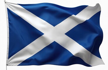 Waving Scotland flag with white saltire cross on blue background. National symbol fabric blows in wind, isolated on white studio backdrop. Independence concept for patriotic themes.
